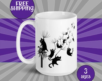 Cat Mug Dandelion Wishes Blowing Black Cats Coffee Mug or Tea Cup, Ceramic Mug in 3 Sizes, Gift for Cat Lovers