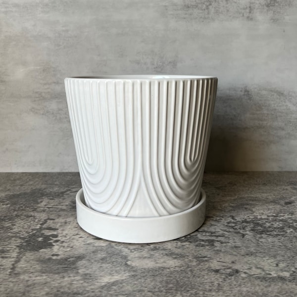 White Ceramic Lined Planter (with Saucer, Attached)