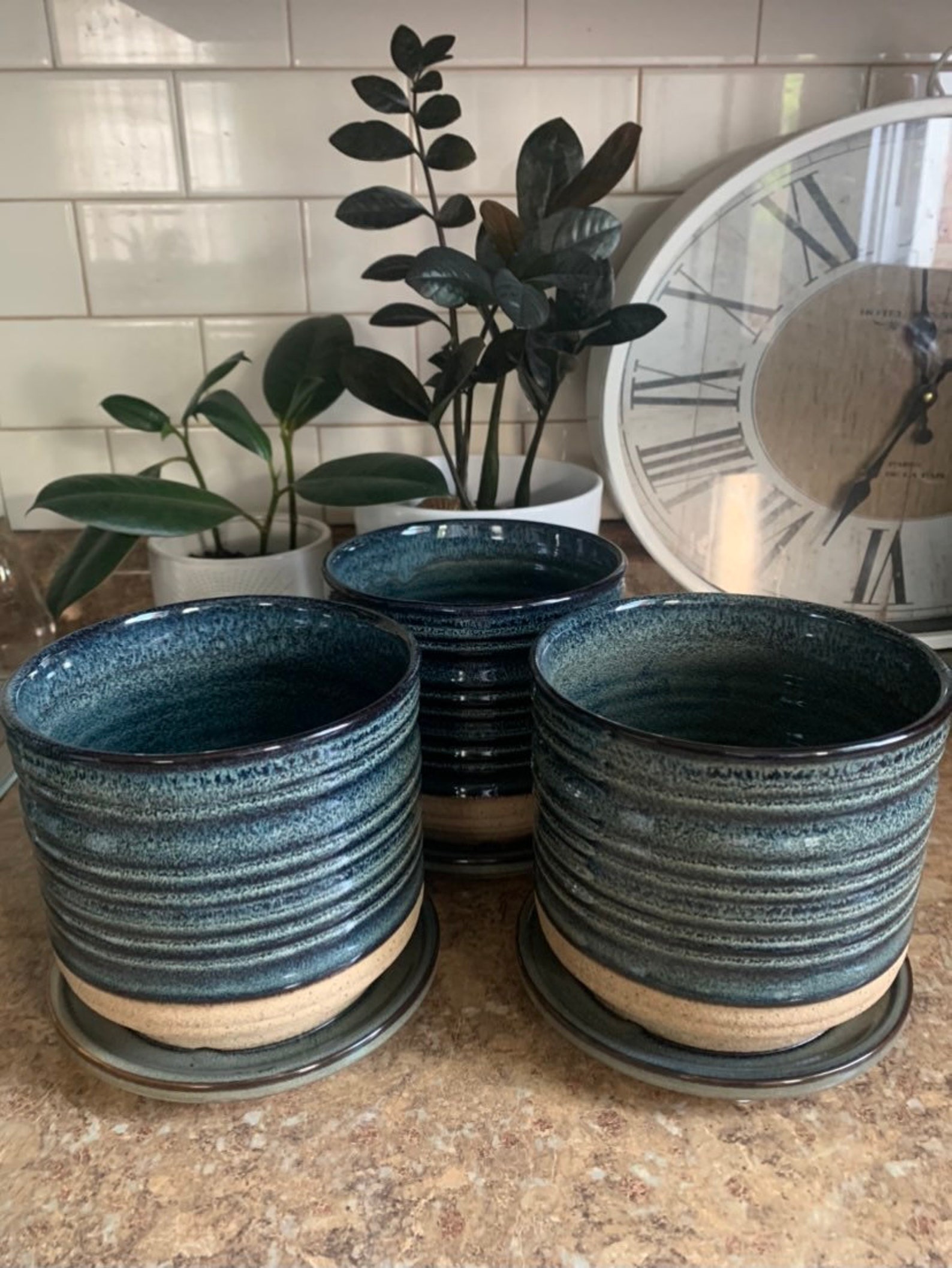 Blue Ceramic Planter with Saucer Etsy