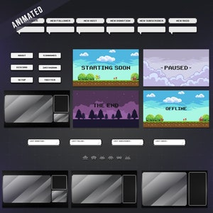 以下が含まれることがあります： 暗い背景と、開始間近の画面、一時停止画面、オフライン画面、終了画面など、さまざまな要素を持つ、ピクセルアートスタイルのアニメーションTwitchオーバーレイ。オーバーレイには、概要、コマンド、Discord、Instagram、設定、Twitterのボタンも含まれています。