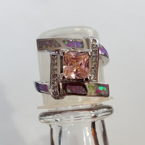 Size 9 Pink Topaz Ring 9.25 Sterling Silver Inlaid Fire Opals Statement Jewelry Mom's Day Gift Rhodium Plated Graduation Ring Gift Prom
