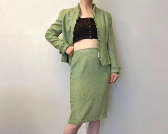 veste vintage pastel vert pomme / blazer top & jupe crayon deux pièces suite sets. Fabriqué au Canada, 100% soie. Taille US 04, Petit