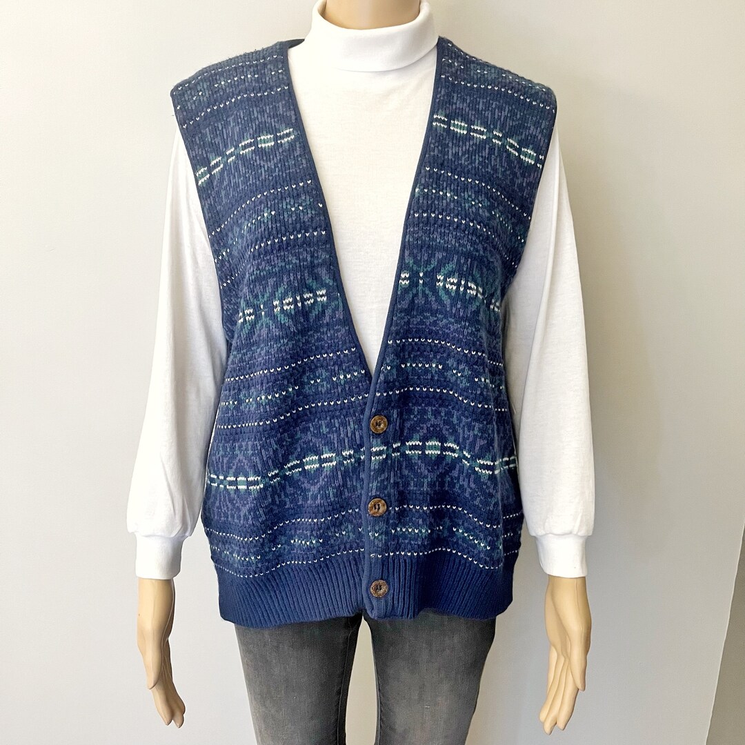 Vtg 70s Blue White Geometric Hand-Made Casual V-Neck Wool Sweater Vest S UK 8