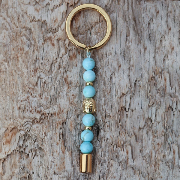 Porte-Clef en Howlite teintée Turquoise 8mm avec Espaceurs et Bouddha plaqué Or 18k