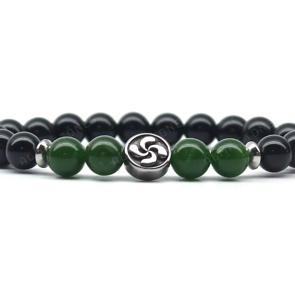 Bracelet Obsidienne et Jade 8mm avec Croix Basque et Espaceurs Inox 304