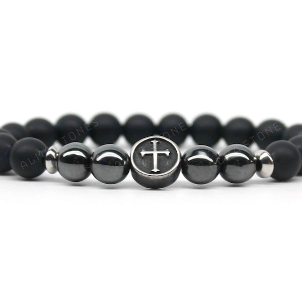 Bracelet Obsidienne Mate et Hématite 8mm avec Espaceurs et Croix des Templiers Inox 304