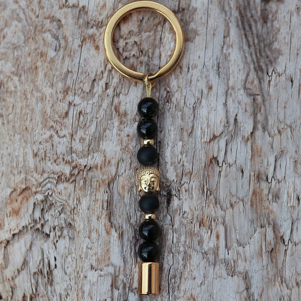 Porte-Clef en Obsidienne Brillante et Mat 8mm avec Espaceurs et Bouddha en Plaqués Or 18k