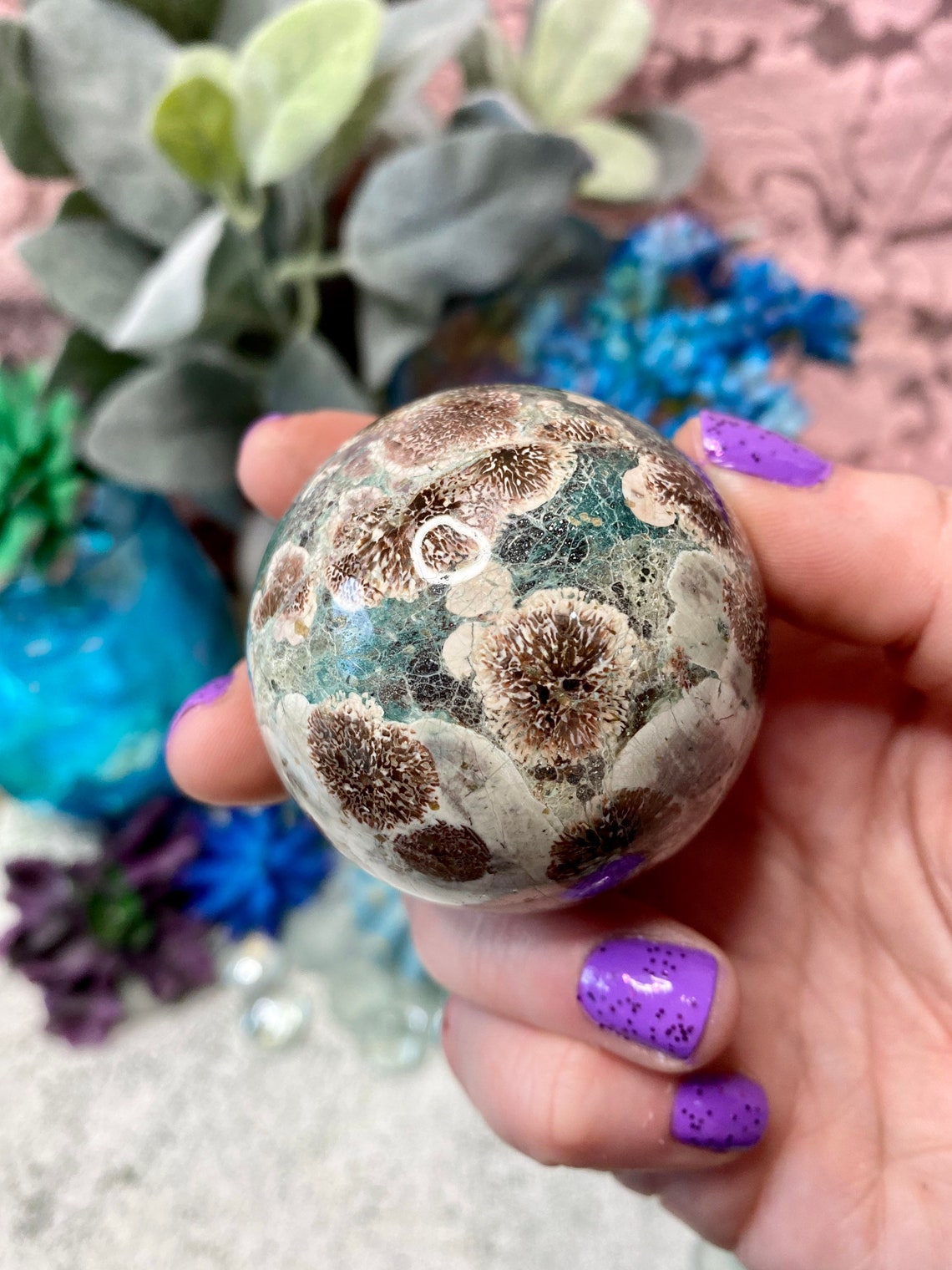Flower Agate Sphere Green Russian Flower Agate Crystal Etsy