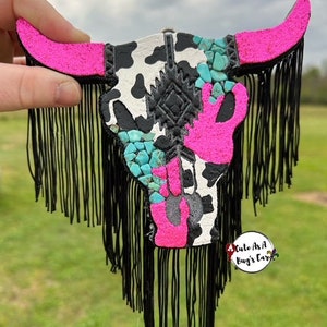 Pink and Turquoise Cow Print Bull Skull freshie