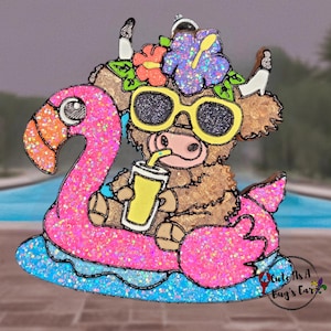 May include: A brown and white Highland cow wearing sunglasses and a flower crown floats on a pink flamingo pool float. The cow is holding a yellow drink. The background is a blurry image of a swimming pool and brick.