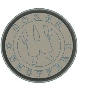 May include: A gray circular emblem with a black border and the text "BOXER DROPPER" in a blue outline. The emblem features a stylized image of a hand with three fingers.
