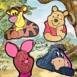 May include: Four cartoon characters from Winnie the Pooh, including Tigger, Winnie the Pooh, Piglet, and Eeyore, are painted on a brown background with green grass and a tree. The characters are all smiling and looking at the viewer. The background is a watercolor painting.