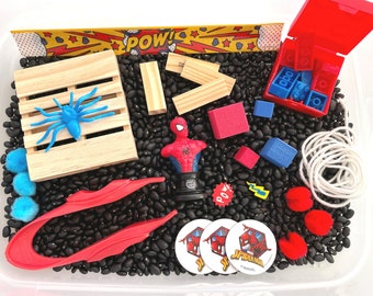 Contenedor sensorial de Spiderman, kit de actividades de Spiderman, juego de simulación, juguete sensorial, kit sensorial, caja sensorial, juego para niños pequeños, regalo de Spiderman, hecho por un terapeuta ocupacional