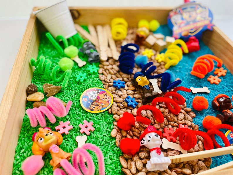 May include: A wooden tray filled with sensory play items. The tray contains green dyed rice, beans, and blue dyed rice. There are toy figures, pipe cleaners, wooden sticks, and other colorful objects. A Paw Patrol logo is visible.
