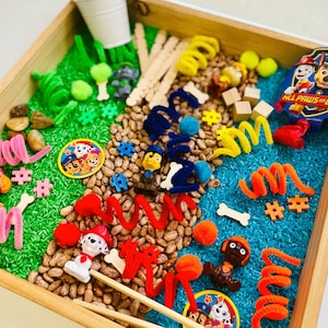 May include: A wooden tray filled with sensory materials, including green rice, pinto beans, and blue rice. The tray features Paw Patrol character figurines, pipe cleaners, wooden blocks, and a badge that reads "ALL PAWS ON DECK!"