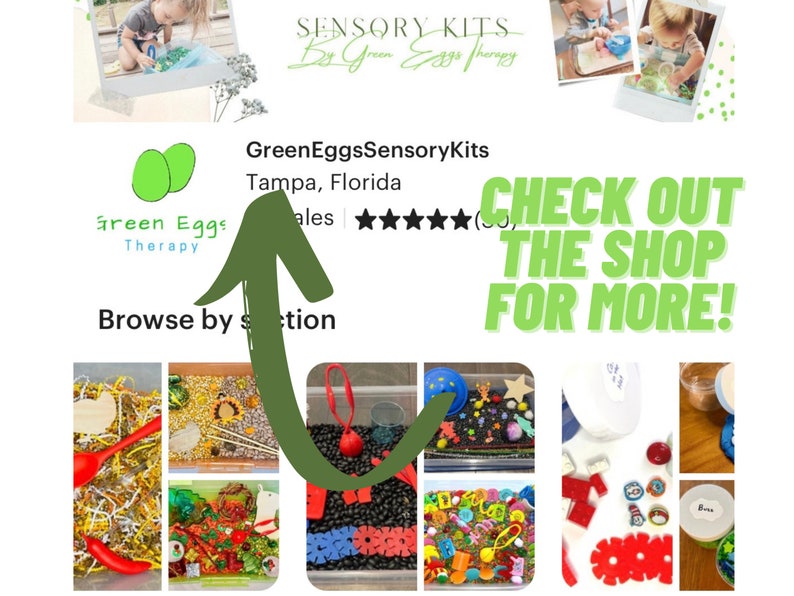 May include: Etsy shop banner for GreenEggsSensoryKits, featuring a logo with green eggs and the text "Green Eggs Therapy." The banner includes a collage of sensory kits and the text "CHECK OUT THE SHOP FOR MORE!"