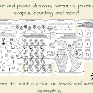 May include: Printable Halloween-themed activity sheets with various exercises, including cutting, pasting, drawing, and counting. The sheets feature pumpkins, spiders, candy, and other Halloween-related images. The text on the image says "cut and paste, drawing, patterns, painting, shapes, counting, and more!"