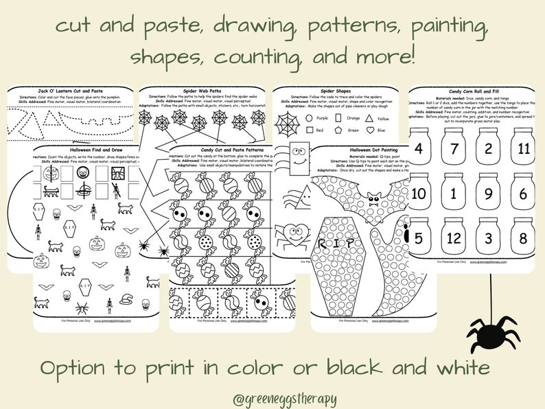 May include: Printable Halloween-themed activity sheets with various exercises, including cutting, pasting, drawing, and counting. The sheets feature pumpkins, spiders, candy, and other Halloween-related images. The text on the image says "cut and paste, drawing, patterns, painting, shapes, counting, and more!"