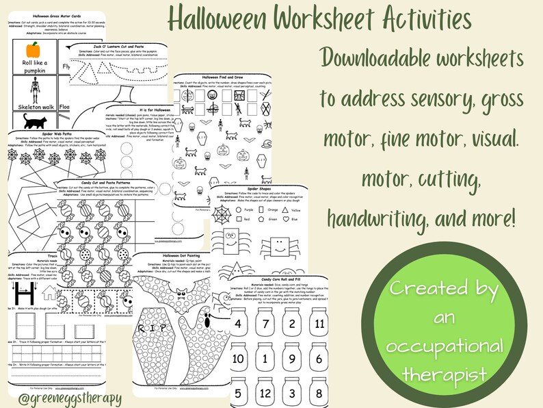 May include: A collection of Halloween-themed printable worksheets with various activities. The worksheets include tasks like mazes, counting, and shape recognition, designed to address sensory, motor, and handwriting skills. The text on the image says "Halloween Worksheet Activities".
