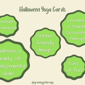 May include: Halloween Yoga Cards with text: Instant Download, Address a variety of developmental skills, Printer-friendly design, Created by a Pediatric Occupational Therapist, and Tons of fun! The image includes a spider and stacked pumpkins.