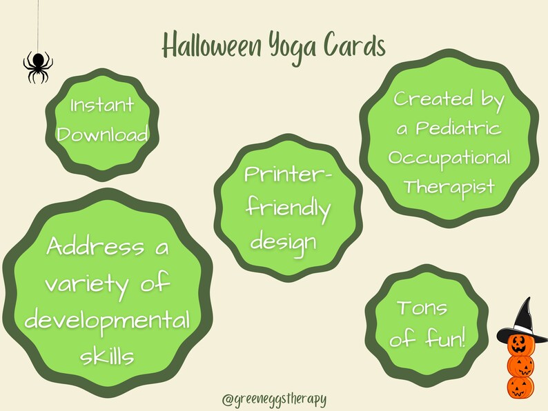 May include: Halloween Yoga Cards with text: Instant Download, Address a variety of developmental skills, Printer-friendly design, Created by a Pediatric Occupational Therapist, and Tons of fun! The image includes a spider and stacked pumpkins.