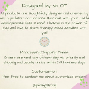May include: A cream-colored graphic with text that reads "Designed by an OT." The text describes the products as thoughtfully designed by a pediatric occupational therapist. A clock graphic is included. The text also mentions customization.