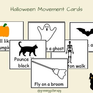 May include: Halloween Movement Cards featuring illustrations of a pumpkin, ghost, bat, black cat, skeleton, and broom. Each card has a movement prompt: "Roll like a pumpkin," "Pounce like a black cat," and "Fly on a broom."