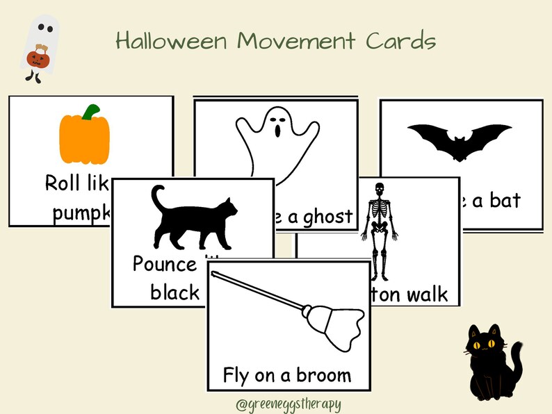 May include: Halloween Movement Cards featuring illustrations of a pumpkin, ghost, bat, black cat, skeleton, and broom. Each card has a movement prompt: "Roll like a pumpkin," "Pounce like a black cat," and "Fly on a broom."