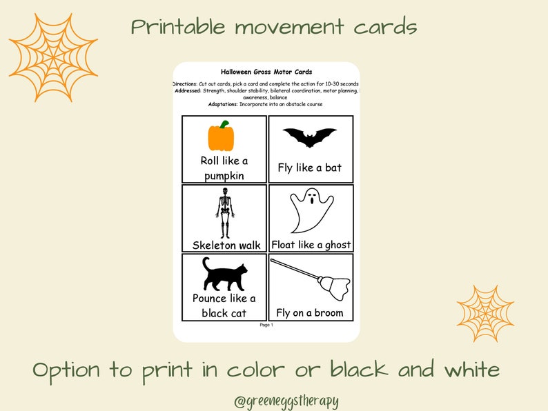 May include: Printable Halloween-themed movement cards featuring illustrations of a pumpkin, bat, skeleton, ghost, black cat, and broom. Each card has an action prompt. Text includes "Printable movement cards" and "Option to print in color or black and white."