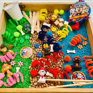 May include: A wooden tray filled with sensory play items. Includes green and blue dyed rice, beans, pipe cleaners, small toys, wooden blocks, and a Paw Patrol badge. The tray is designed for children's play and exploration.