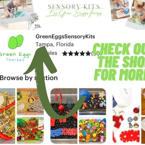 May include: Etsy shop banner for GreenEggsSensoryKits, featuring a logo with green eggs and the text "Green Eggs Therapy." The banner includes photos of sensory kits and the text "CHECK OUT THE SHOP FOR MORE!"