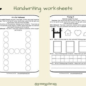 May include: Two handwriting worksheets with the title "Handwriting worksheets". The left worksheet is titled "H is for Halloween" and the right worksheet is titled "Tracing H". Both worksheets feature dotted lines for tracing the letter H.