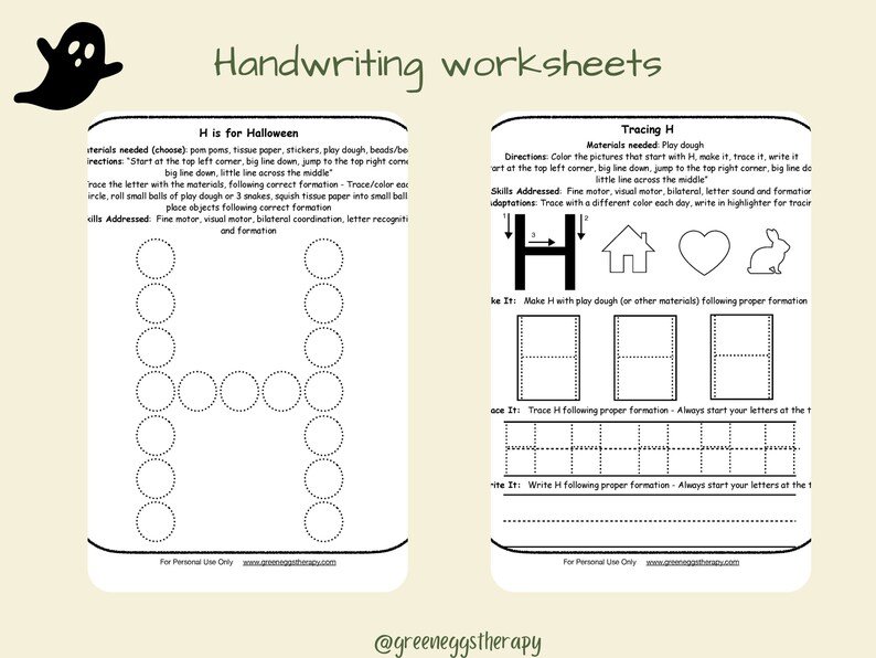 May include: Two handwriting worksheets with the title "Handwriting worksheets". The left worksheet is titled "H is for Halloween" and the right worksheet is titled "Tracing H". Both worksheets feature dotted lines for tracing the letter H.