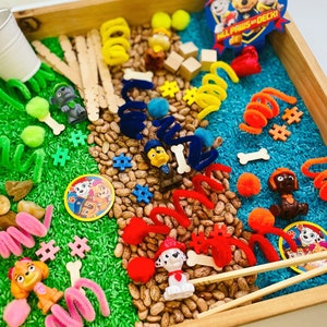 May include: A wooden tray filled with sensory play items. Includes green and blue dyed rice, beans, toy figures, pipe cleaners, wooden blocks, and small accessories. Features a Paw Patrol theme with character figures and logo.