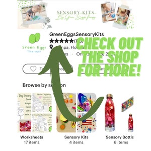 May include: Screenshot of an Etsy shop, "GreenEggsSensoryKits," with a green arrow pointing to the shop's favorite button. The shop offers sensory kits, bottles, and worksheets. Text reads "CHECK OUT THE SHOP FOR MORE!"