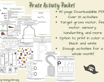 Pirate Activity Worksheet, Pirates Activity Packet, Preschool Activity, Kindergarten Activity, Home Learning, Activity Kit-Made by an OT