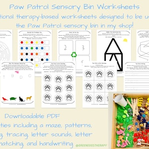 May include: A collection of Paw Patrol sensory bin worksheets. The worksheets include mazes, patterns, counting, tracing, letter sounds, letter matching, and handwriting activities. A wooden tray with sensory bin materials is also shown.