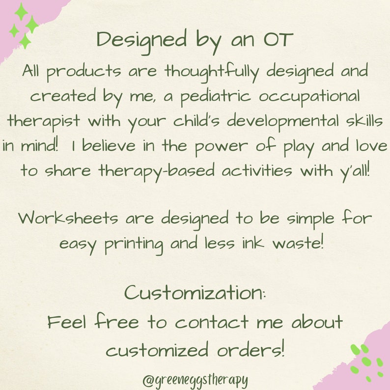 May include: Cream-colored background with green and pink accents. Text reads "Designed by an OT" and describes therapy-based products created by a pediatric occupational therapist. Includes information about customization and easy printing.