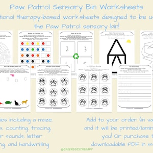 May include: A collection of eight Paw Patrol sensory bin worksheets. The worksheets include mazes, patterns, counting, tracing, letter sounds, letter matching, and handwriting activities. The text on the image says "Paw Patrol Sensory Bin Worksheets".