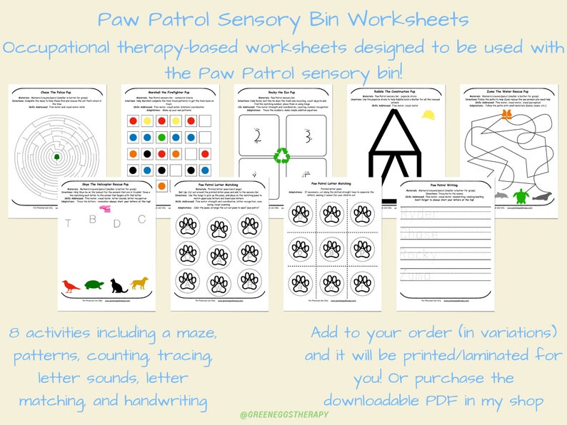 May include: A collection of eight Paw Patrol sensory bin worksheets. The worksheets include mazes, patterns, counting, tracing, letter sounds, letter matching, and handwriting activities. The text on the image says "Paw Patrol Sensory Bin Worksheets".