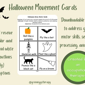 Halloween Movement Cards, Halloween Gross Motor Cards, Flash Cards, Brain Break Cards,Preschool activity,Kindergarten activity-Made by an OT