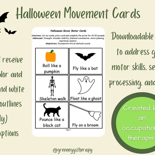 Halloween Movement Cards, Halloween Gross Motor Cards, Flash Cards, Brain Break Cards,Preschool activity,Kindergarten activity-Made by an OT