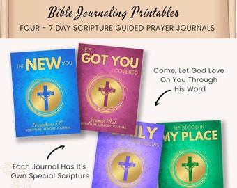 Peut inclure: Quatre journaux de prière guidés par les Écritures imprimables de 7 jours avec des arrière-plans colorés et des croix dorées. Les titres sont "The New You", "He's Got You Covered", "Daily Provisions", et "He Stood In My Place".