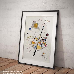 Puede incluir: Una impresión de arte abstracto enmarcada con formas geométricas en negro, rojo, amarillo, azul y blanco sobre un fondo blanco. La impresión está en un marco negro.