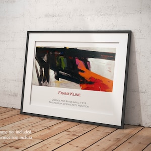 Puede incluir: Una impresión enmarcada de una pintura abstracta de Franz Kline titulada "Orange and Black Wall" de 1959. La pintura es en negro, blanco, naranja, rojo y verde. La impresión es del Museo de Bellas Artes de Houston.