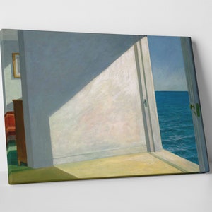 May include: A painting depicting a room with an open door revealing a view of the sea. The room is painted in shades of blue and white, with a single window and a door leading outside. The sea is a deep blue, and the sky is a light blue. The painting is a realistic depiction of a room with a view.