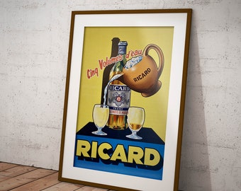 Cartaz Ricard Cinq Volumes d&#39;Eau Reprodução Vintage, Impressão de Arte Fina Giclee ideal para Decoração de Casa Restaurantes Bares