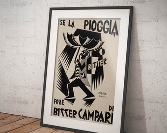 Depero Poster Se la Pioggia Fosse Bitter Campari Reprodução Vintage Poster Bebidas Vinhos Affiche Giclée Impressão Fine Art Restaurantes Bares