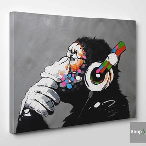 Quadro Vernice Effetto Pennellate Banksy DJ Monkey Stampa Giclée su Tela In Cotone Intelaiato Pronto da Appendere