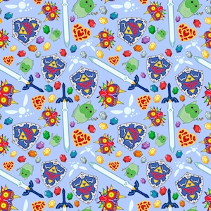 May include: A light blue pattern featuring various elements from a video game. The design includes shields, swords, heart shapes, and colorful gems. The repeating pattern creates a playful and whimsical aesthetic.